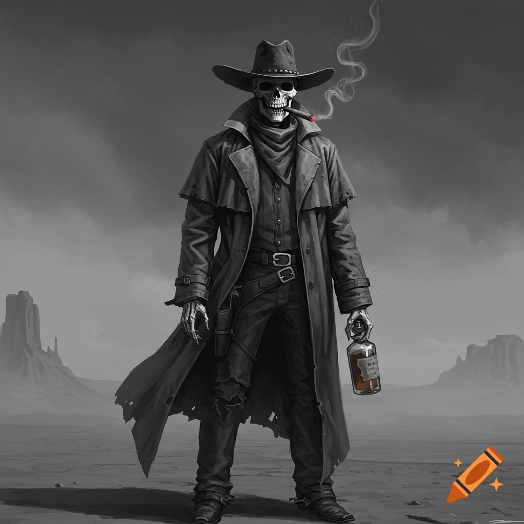 Greyscale illustration of a skeleton cowboy in a duster coat and hat, smoking a cigar and holding a whiskey bottle in a desert landscape.