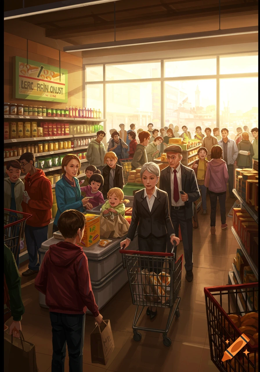 A crowded supermarket with many people, including families, shopping and queuing at checkouts, in an illustrative style.