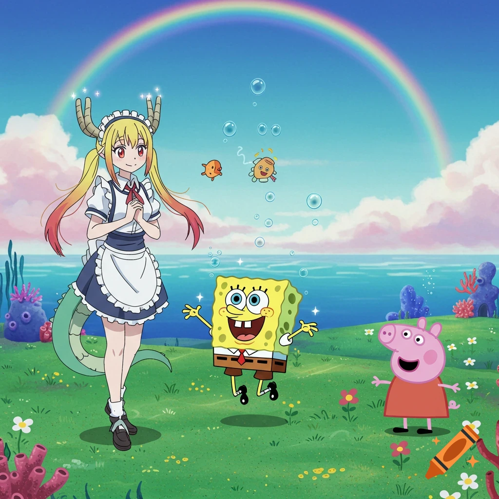 Tohru, SpongeBob, and Peppa Pig stand in a grassy field with an ocean, rainbow, and bubbles in the blue sky.