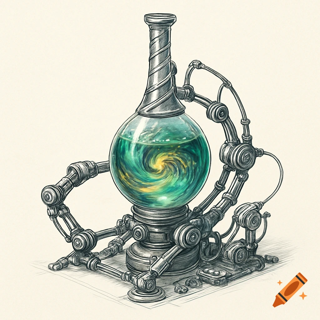 Detailed sketch of a steampunk-style glass flask absorber with swirling green liquid and mechanical arms.