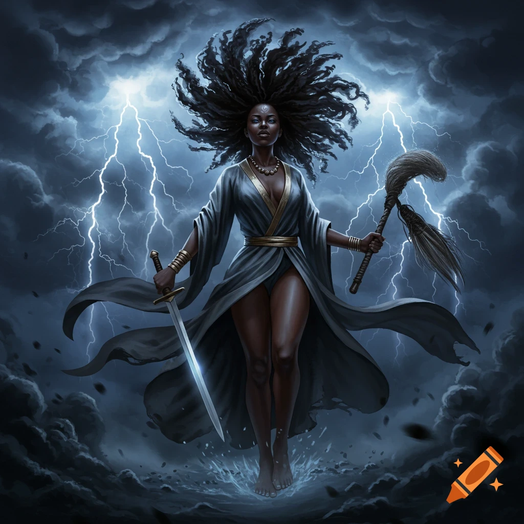 A fierce Black woman, a goddess of storms, with wild hair, holds a sword and whisk amidst a lightning-filled sky in a digital art style.