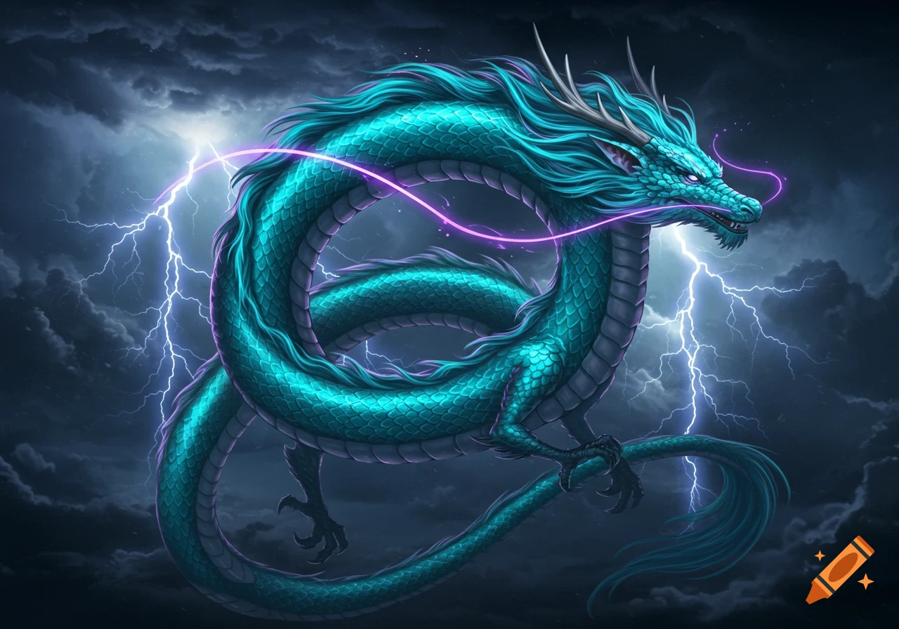 A vibrant turquoise Chinese dragon with neon purple highlights coiled against a stormy sky with lightning.