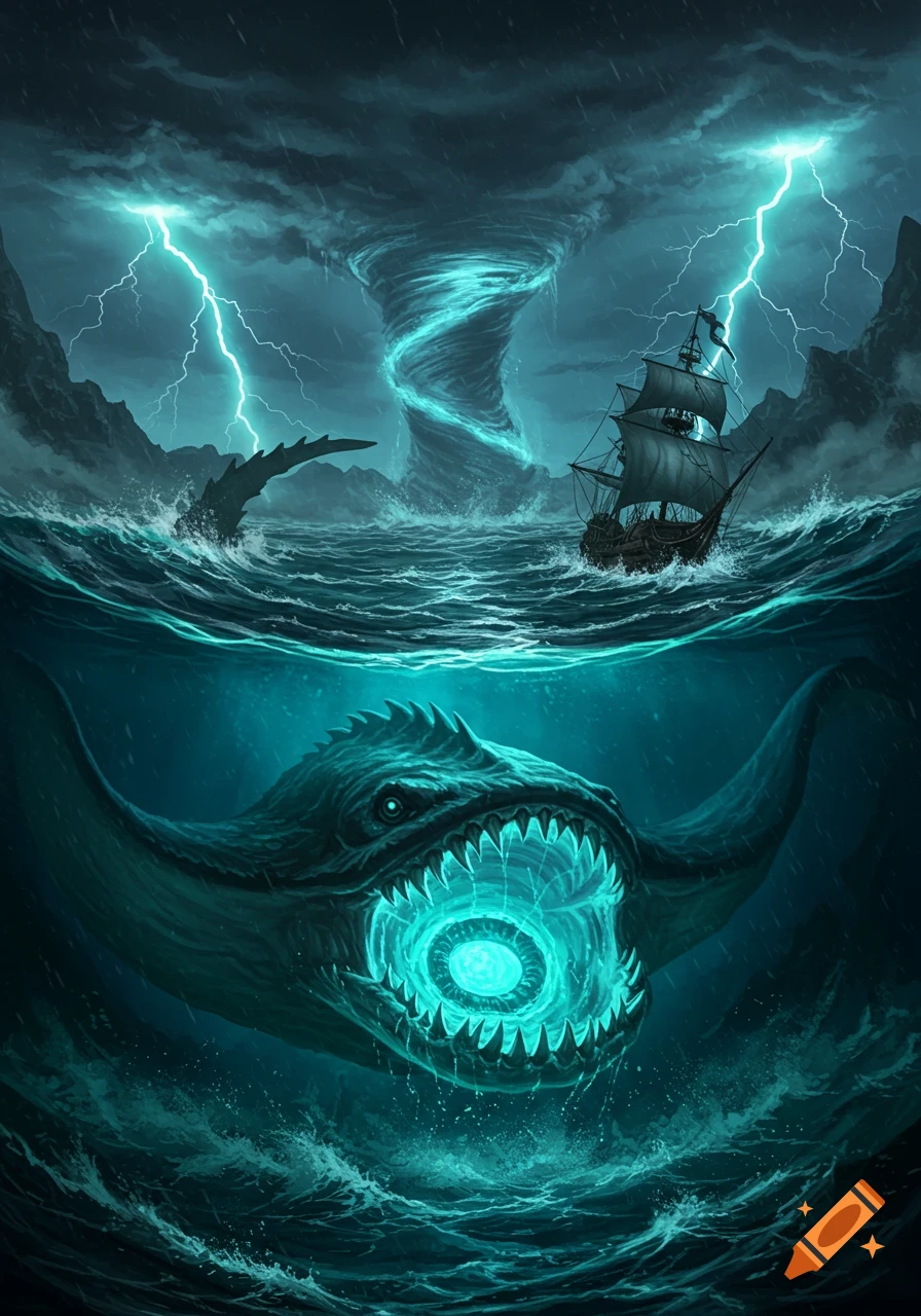 Fantasy art of a colossal glowing monster underwater, a pirate ship in a stormy ocean whirlpool, with lightning.