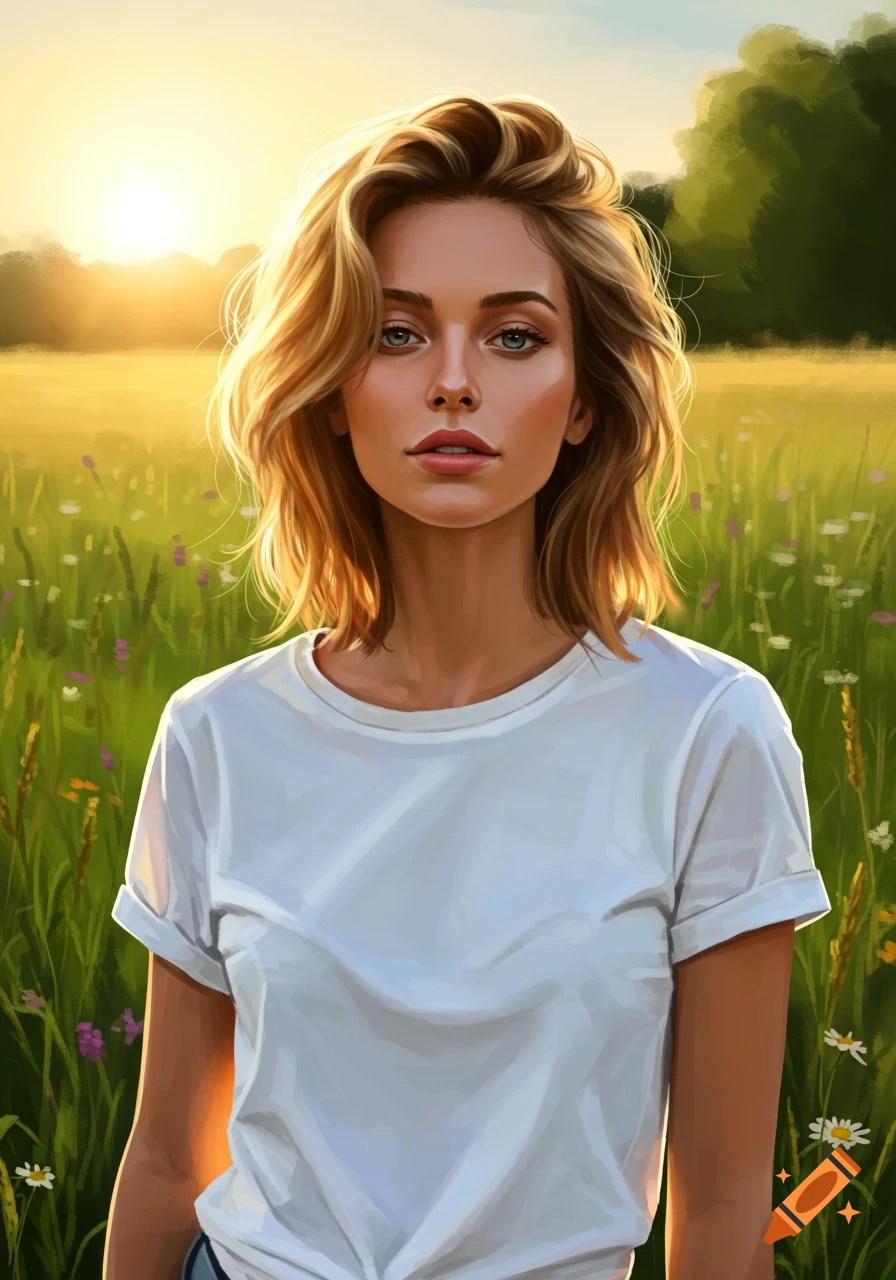 A blonde woman in a white t-shirt stands in a sunlit field of wildflowers at sunset.