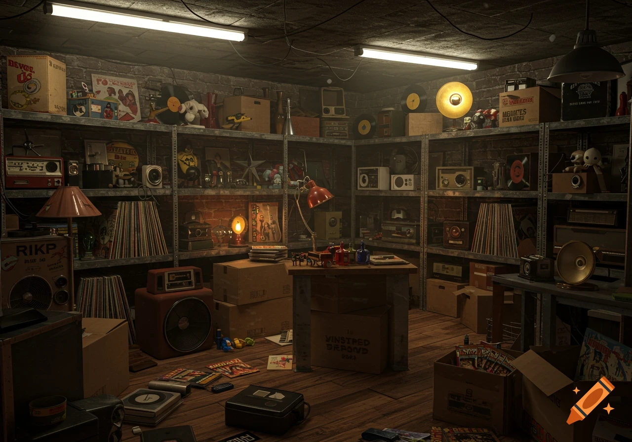A dark, cluttered storage room filled with shelves of vintage electronics, vinyl records, boxed items, and various collectibles, creating a messy but organized aesthetic.