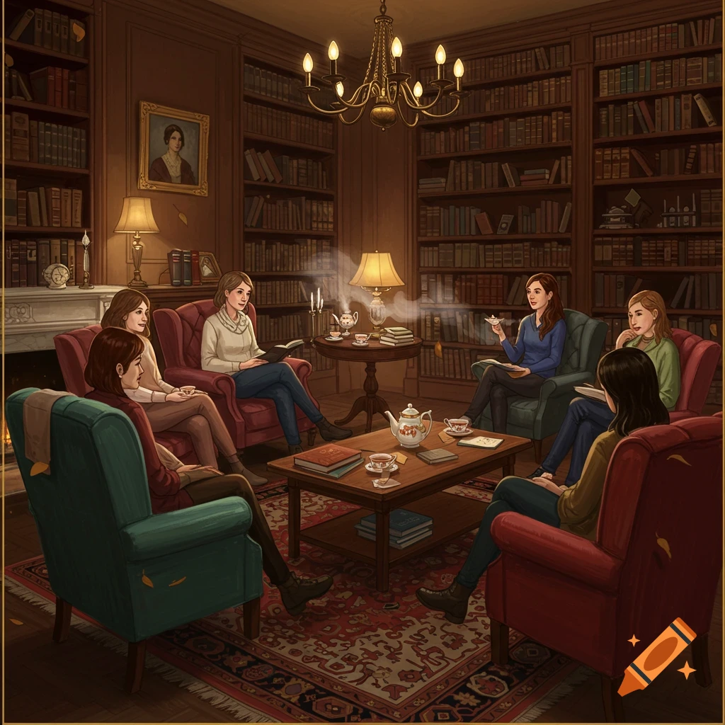 An illustration of six women in a cozy, lamp-lit library, sitting in armchairs around a coffee table, drinking tea and reading books.