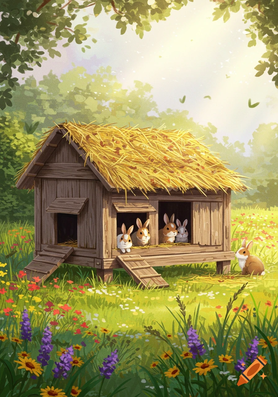 A cute illustration of several rabbits in and around a wooden hutch with a straw roof, in a sunny meadow filled with colorful wildflowers.