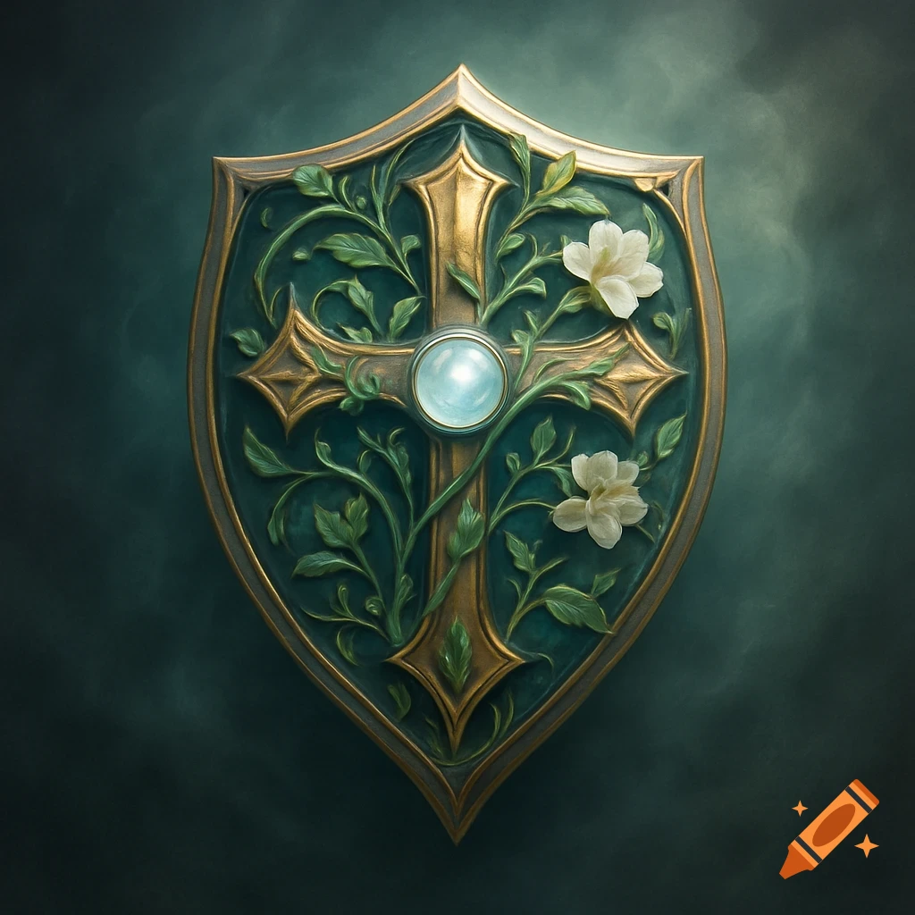 Ornate gold and green shield with a central cross, glowing blue gem, intertwined vines, and white flowers on a dark background.