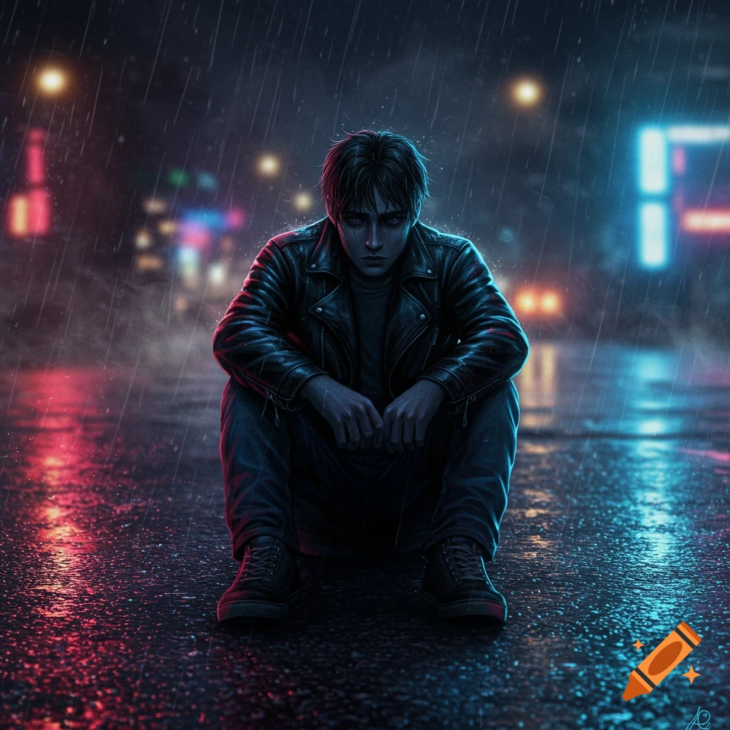 A man with dark hair in a leather jacket and jeans sits alone on a wet city street in the rain at night, illuminated by neon lights reflecting on the ground.
