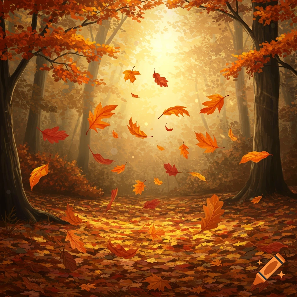 Vibrant illustration of a sunlit autumn forest with golden light streaming through trees and many red and orange leaves falling to the ground.