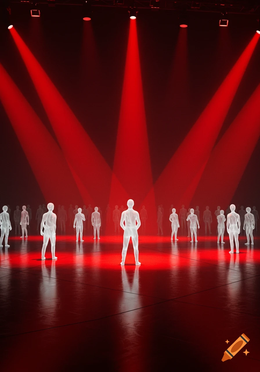 Abstract white figures on a dark stage bathed in dramatic red spotlights, with one central figure casting a long shadow.