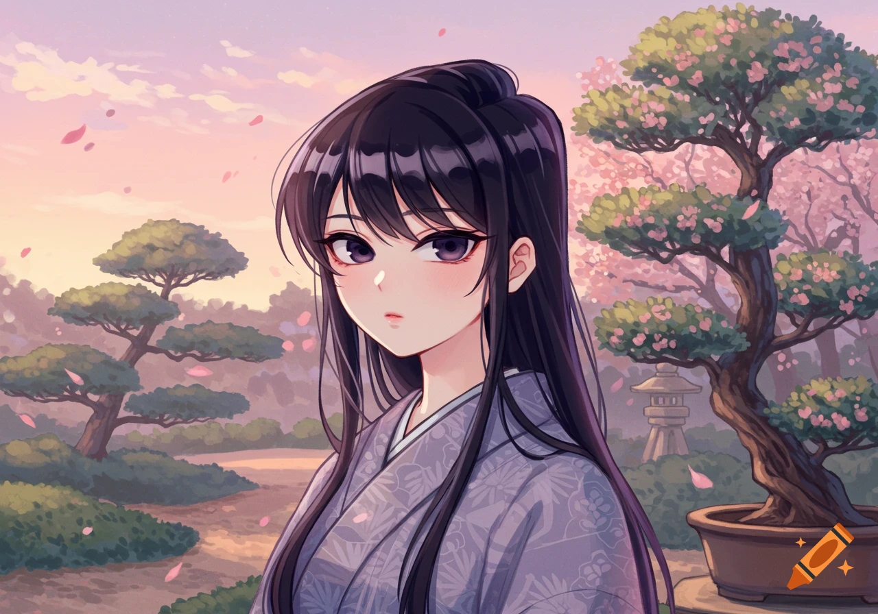 Anime girl with long dark hair and purple eyes in a kimono, standing in a serene Japanese garden with bonsai trees and falling pink petals at sunset.