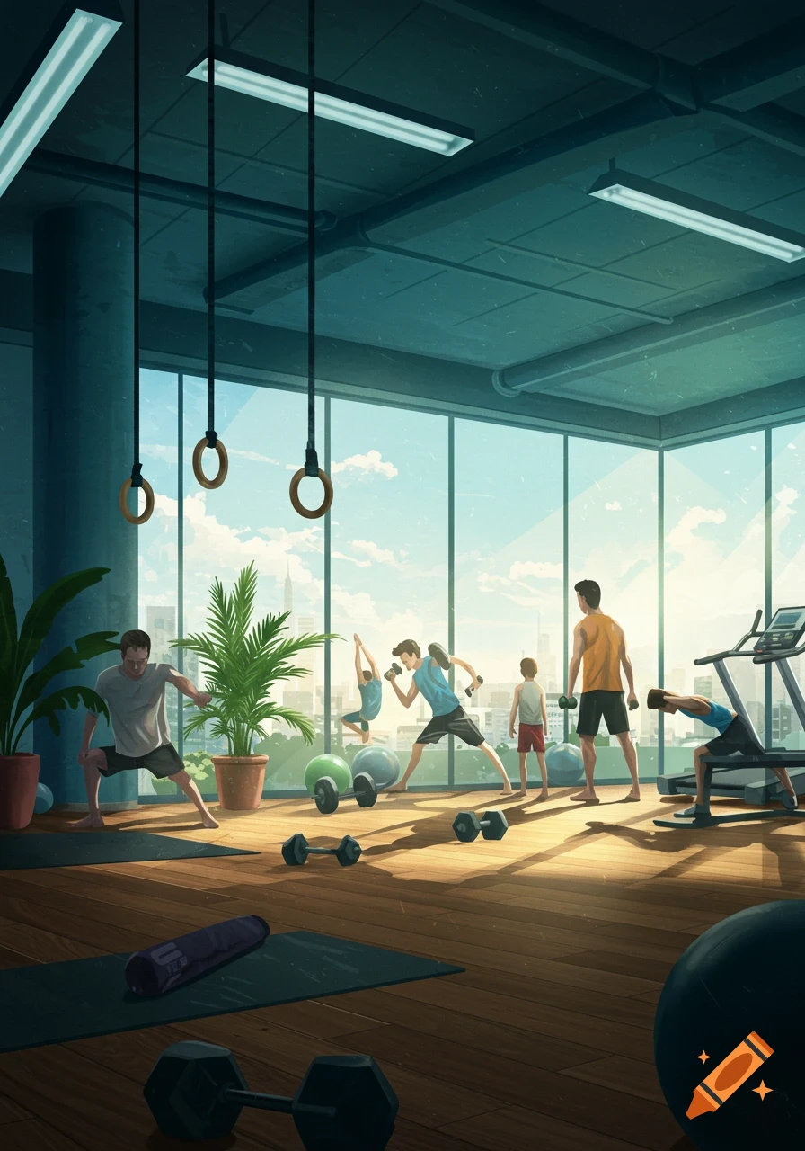 Stylized illustration of people exercising in a bright, modern gym with large windows overlooking a city skyline.