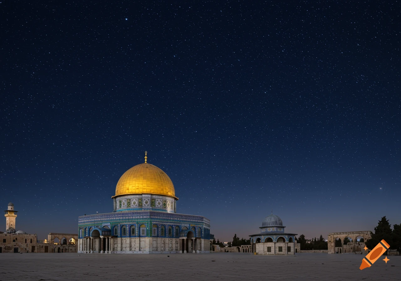 The Dome of the Rock with its golden dome under a dark, starry night sky, with other structures visible around it.