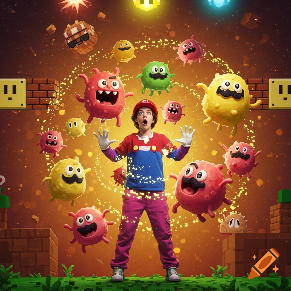 A person in a Mario costume surrounded by colorful, cartoonish germ-like creatures and Mario-style blocks, with a bright, magical glow.
