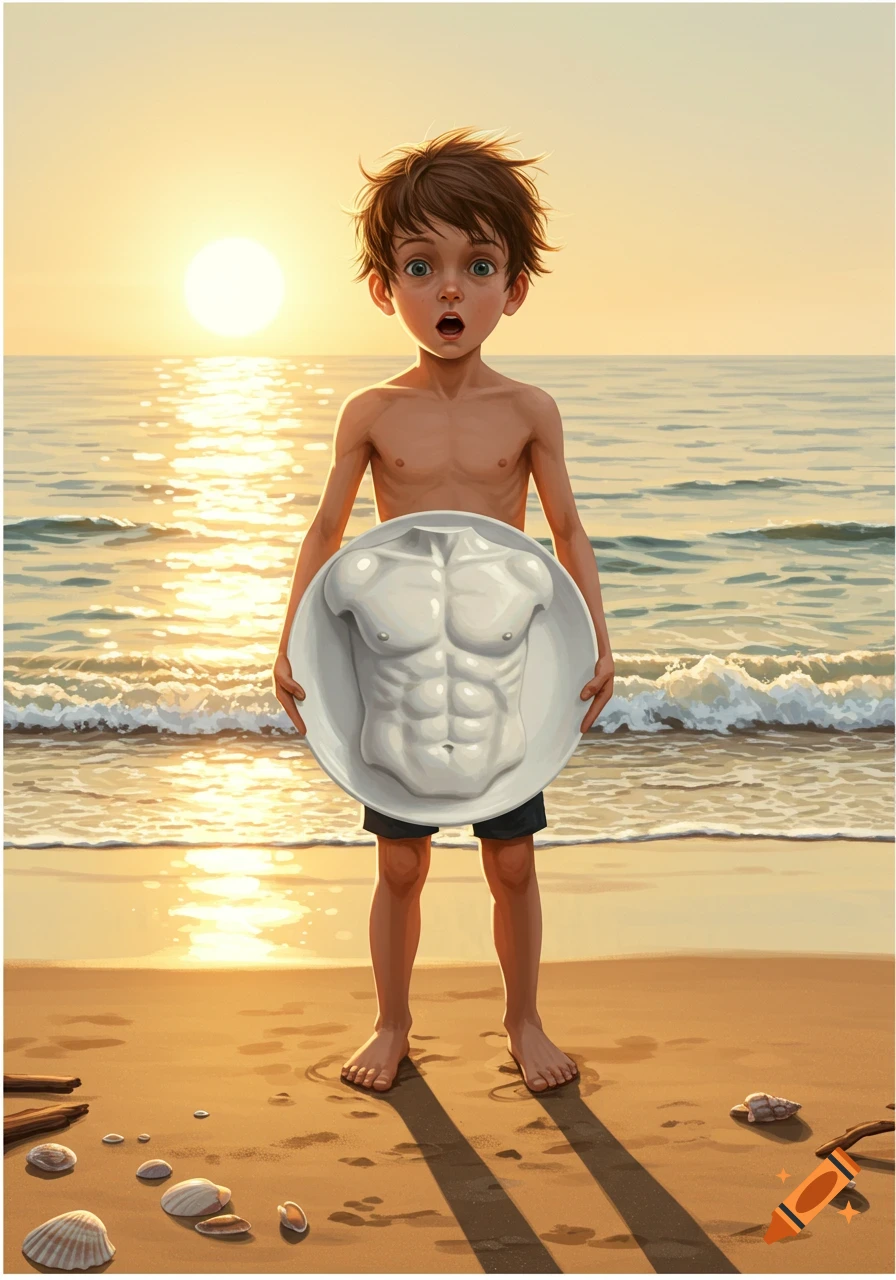 Illustrated boy with bare torso holding a muscular torso-shaped plate on a beach at sunset, looking surprised.