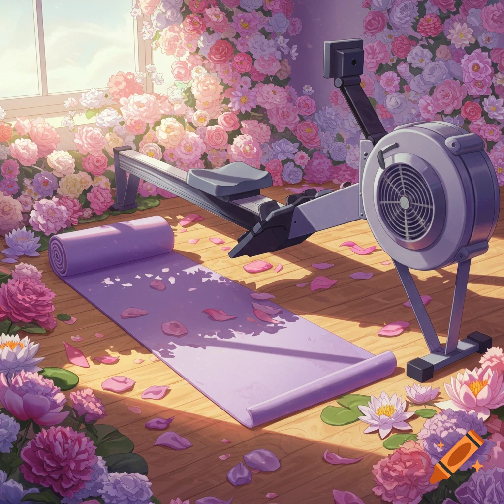 A purple yoga mat and a rowing machine on a wooden floor, surrounded by abundant pink and purple flowers in an illustrated style.