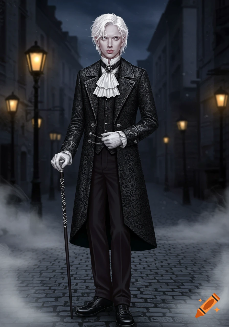 Albino male teenager in a gothic Victorian longcoat with silver patterns, holding an ornate cane on a cobblestone street.