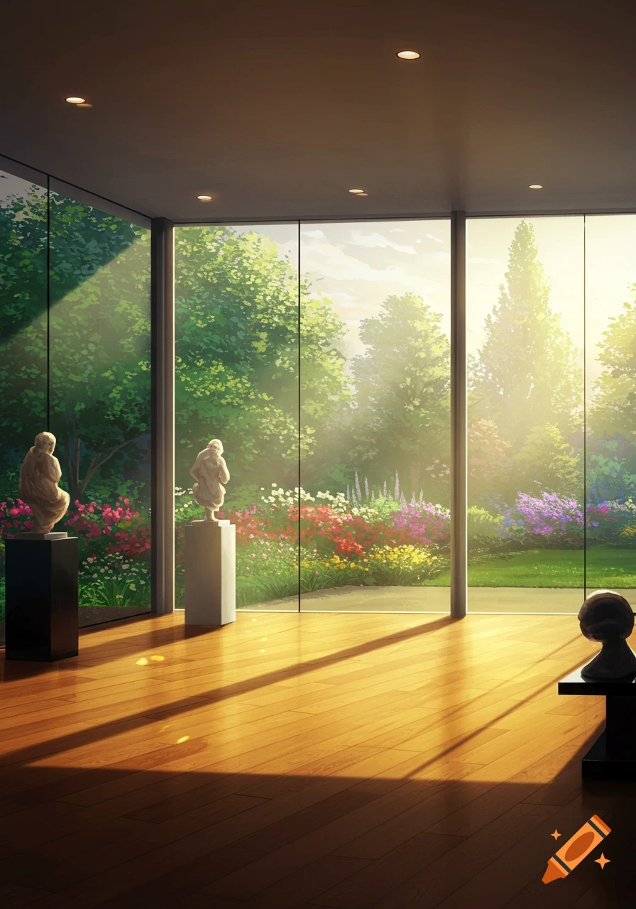 Modern room with a polished wooden floor, two sculptures, and full-height windows overlooking a bright, lush garden.