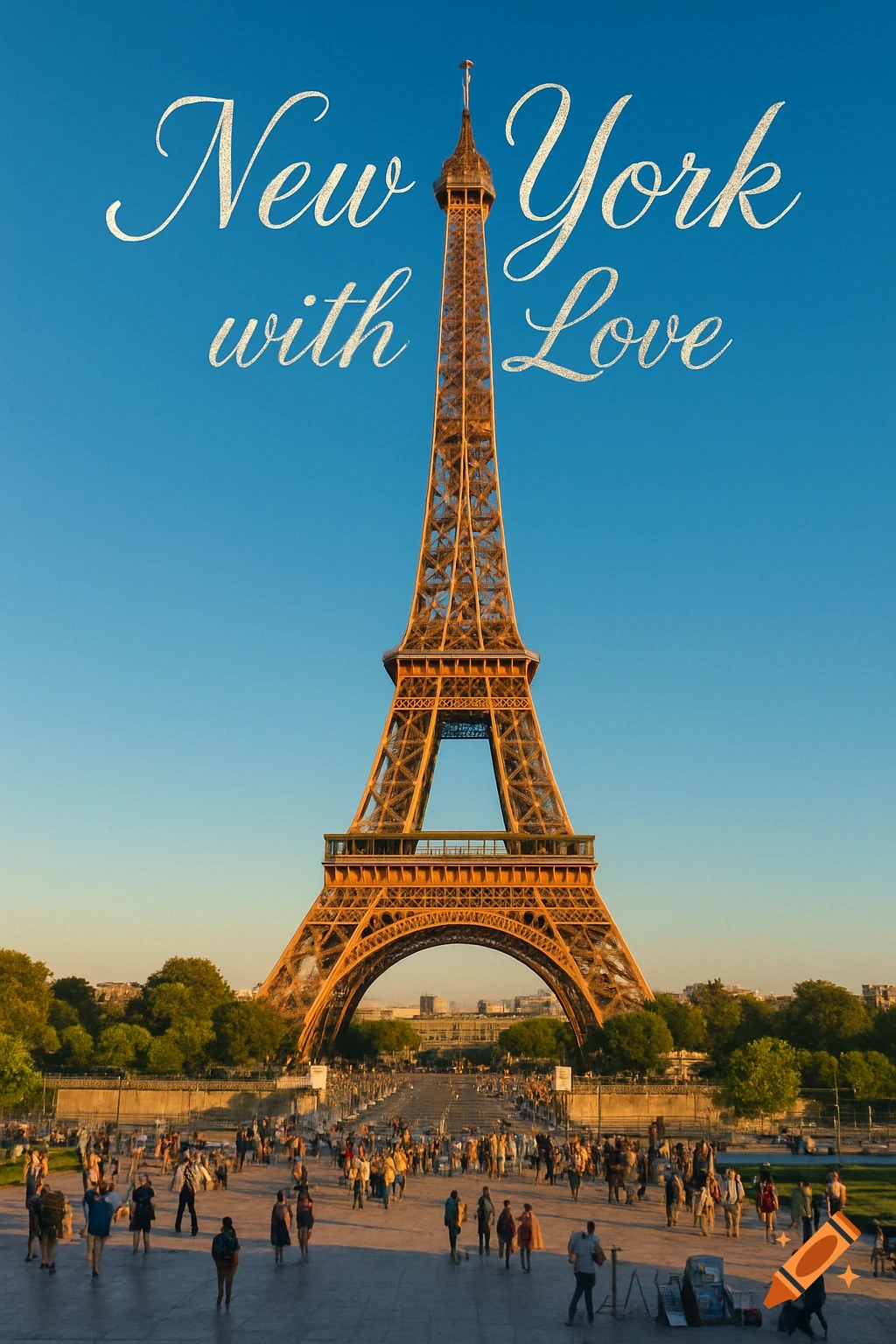 Photorealistic image of the Eiffel Tower from Trocadero square, with a crowd of people. White text in the sky reads "New York with Love".