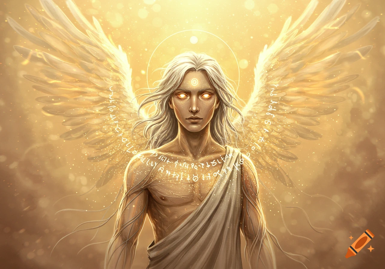 A glowing, ethereal angel with white hair, bright golden eyes, and large golden wings, with symbols on his skin, set against a radiant golden background. Digital painting style.