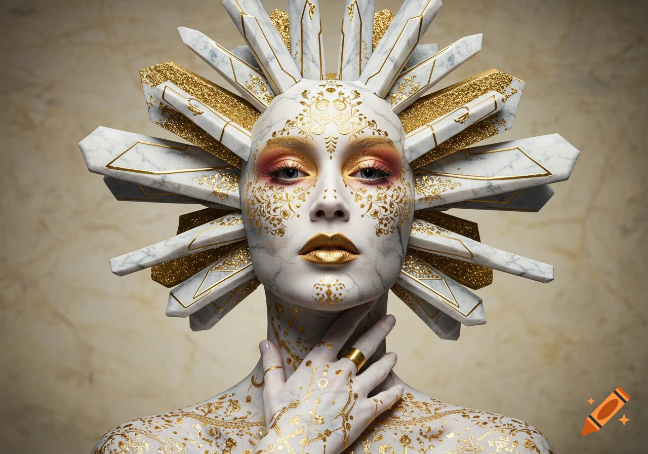 Fantasy woman with marble skin, geometric gold and white headpiece, ornate gold patterns, and dramatic makeup.