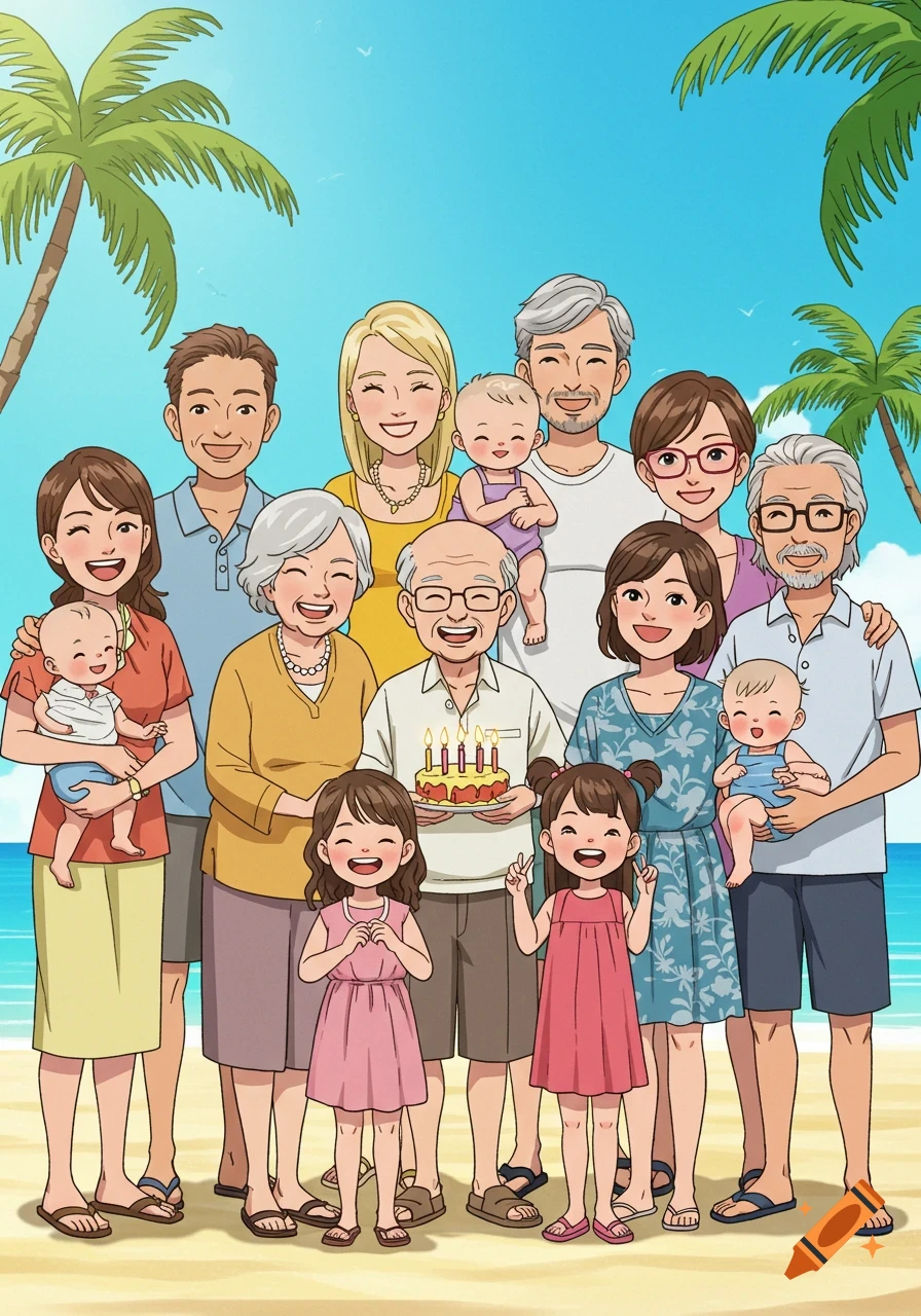 A cheerful cartoon-style illustration of a large family celebrating a birthday on a tropical beach with palm trees.