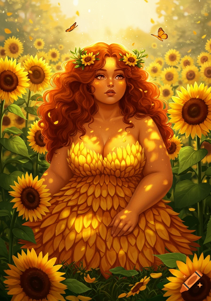 A fantasy woman with auburn hair wears a sunflower petal dress in a sunny sunflower field, with butterflies.