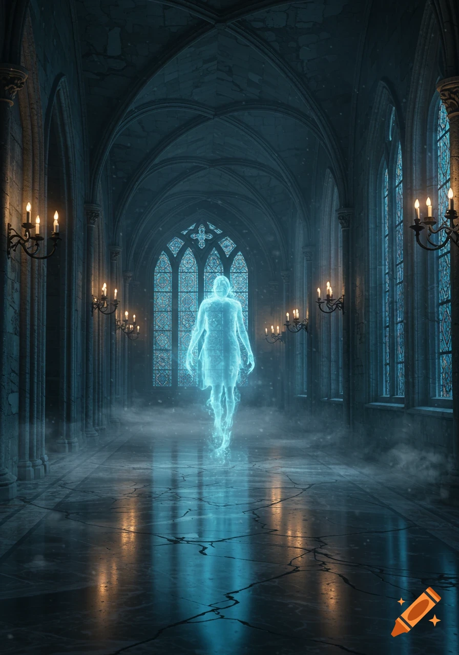 Ethereal blue ghost floats down a dark, vaulted gothic cathedral hallway with stained-glass windows and candlelit sconces.