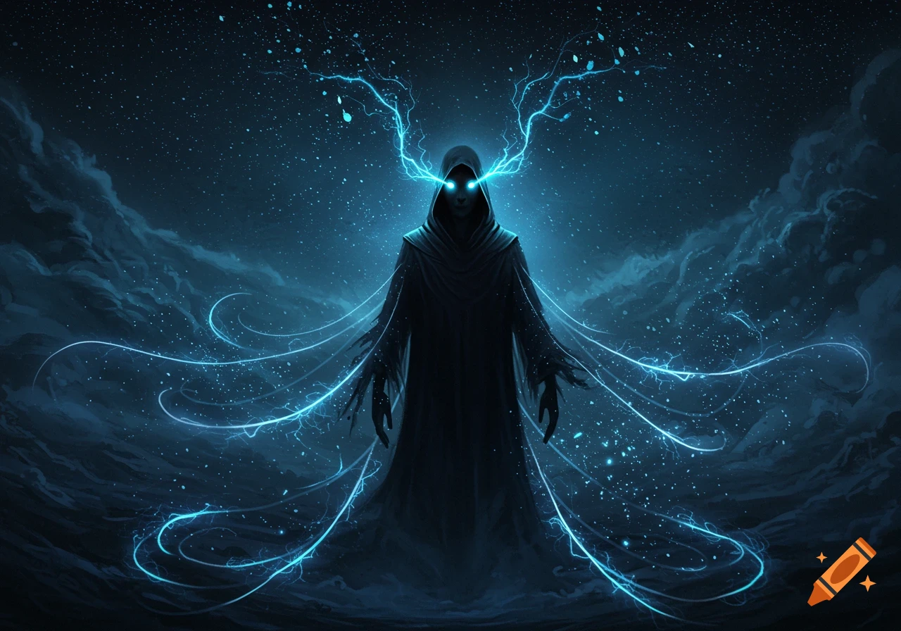 Dark, cloaked figure with glowing blue eyes and electrical tendrils against a starry, cloudy night sky, digital art.