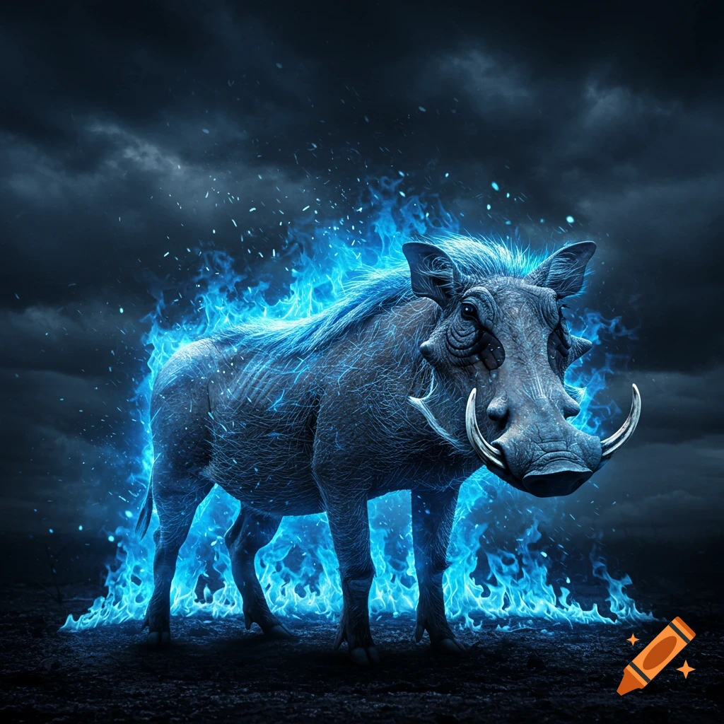 A photorealistic warthog stands engulfed in vibrant blue flames under a dark, stormy sky.