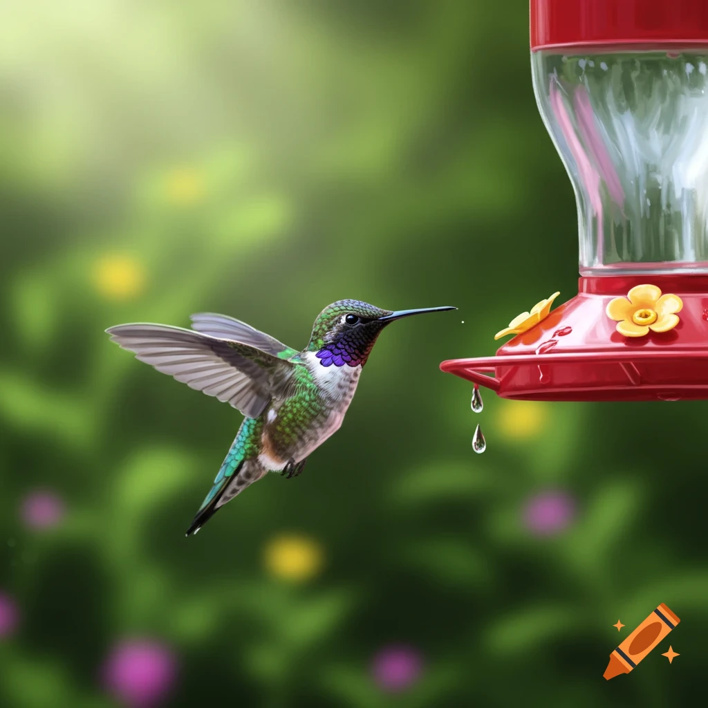 A colorful hummingbird hovers near a red feeder, with water droplets falling, against a blurred green background.