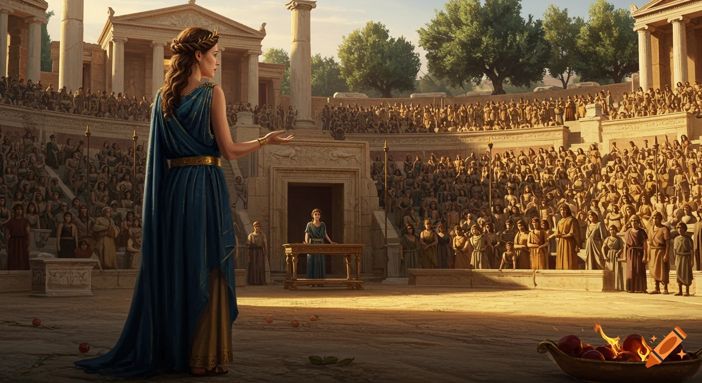 A woman in a blue classical gown performs on stage in an ancient Greek theatre before a large audience.