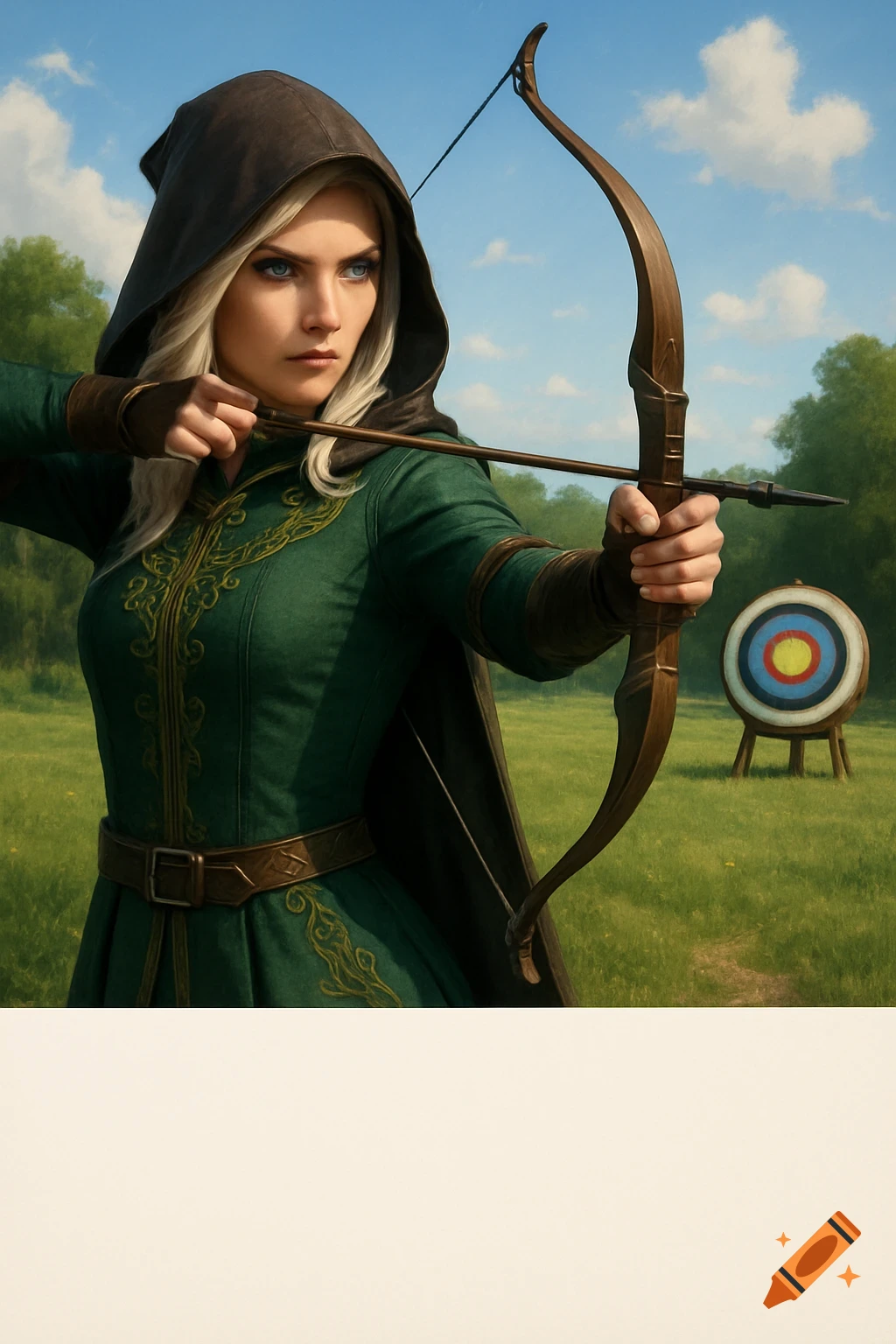 A blonde female archer in a green hooded tunic aims a bow and arrow, with a target in a grassy field under a blue sky.