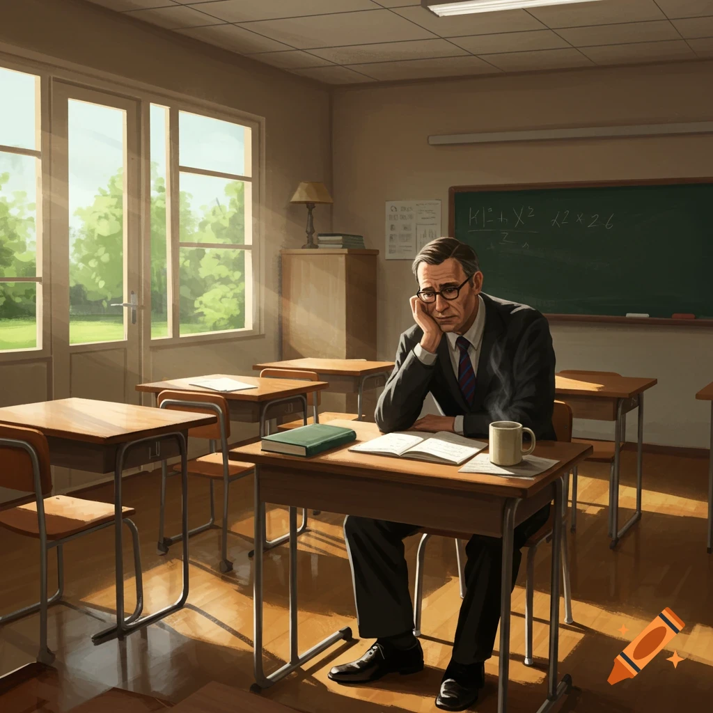 A worried male teacher sits at a desk in a sunlit classroom, head in hand, looking contemplative.