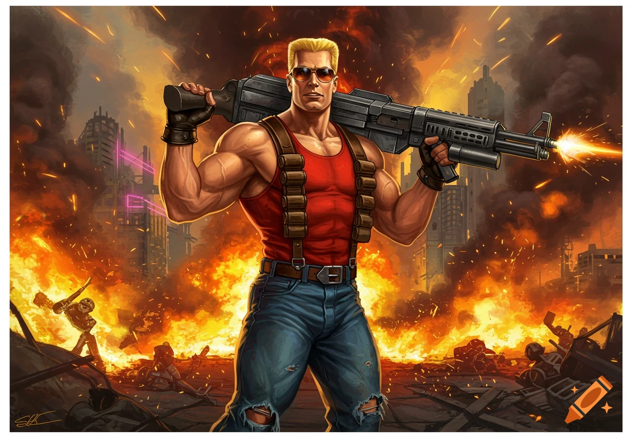 Muscular man with blond hair, sunglasses, red tank top, and jeans holds a large gun over his shoulder amidst a fiery, war-torn city.