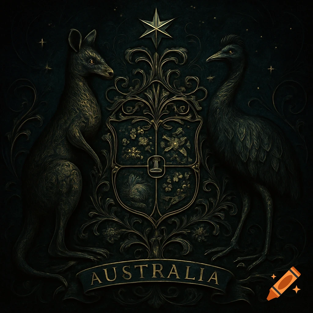 Gothic Australian coat of arms with a kangaroo, emu, and ornate shield, featuring 'AUSTRALIA' text.