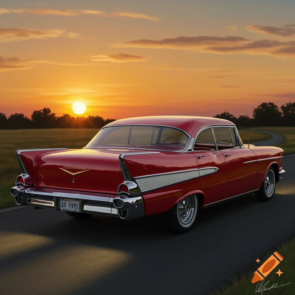 A red 1957 Chevrolet classic car, seen from the rear, on a winding road at sunset, with fields and trees in the background.