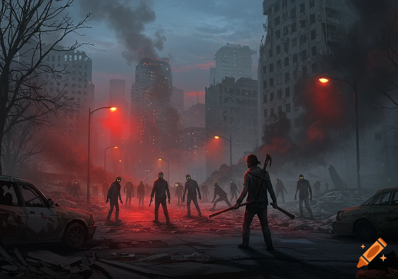 Digital painting: A lone survivor with a weapon confronts a horde of glowing-eyed zombies in a ruined, red-lit, smoky city.