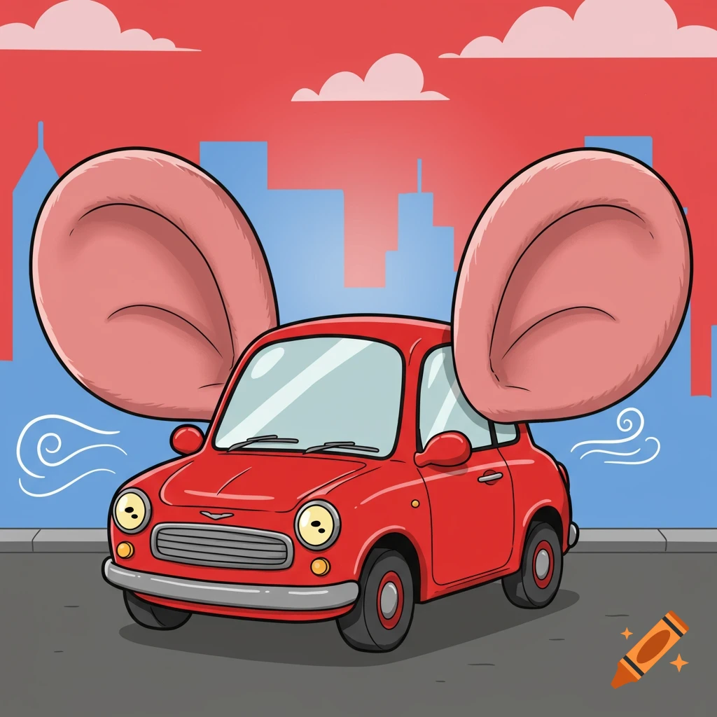 A red cartoon car with large pink ears drives on a street in front of a blue city skyline under a red sky.