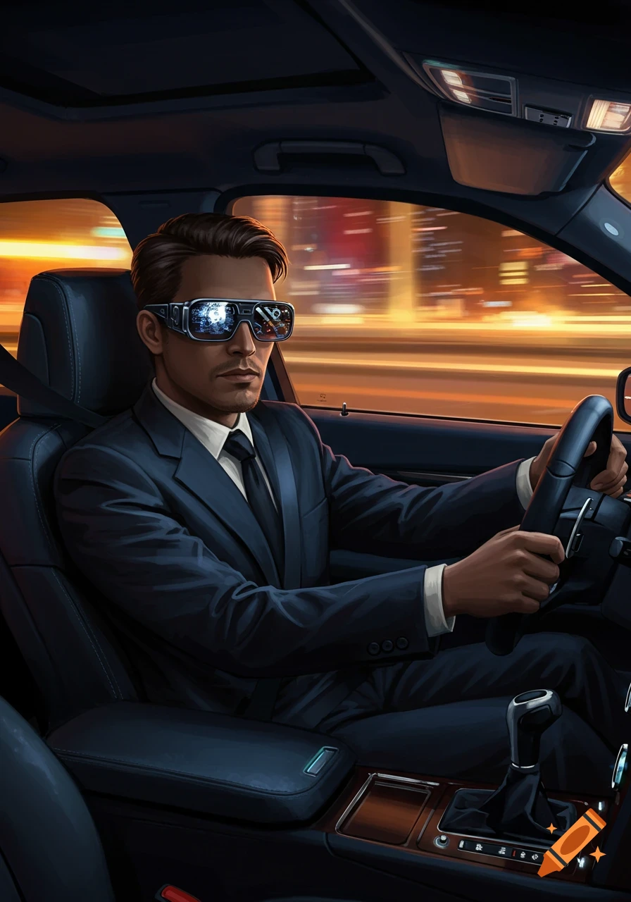 Man in a suit drives a car at night, wearing futuristic smart glasses with digital displays, blurred city lights in background, digital art.