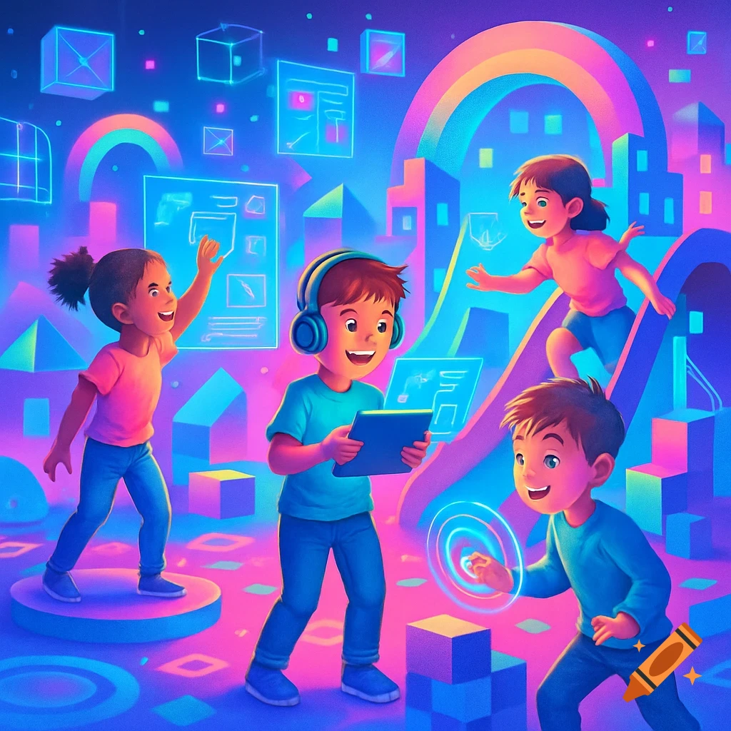 Four happy children engaging with glowing digital screens and elements in a vibrant, futuristic neon environment. Stylized illustration.