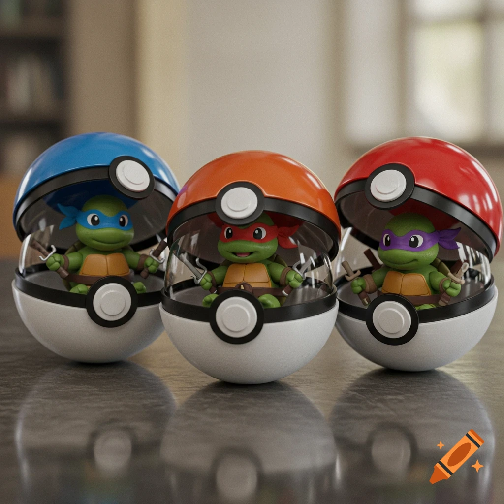 Three miniature Teenage Mutant Ninja Turtles, each inside a clear Pokeball with a colored top, sit on a surface.