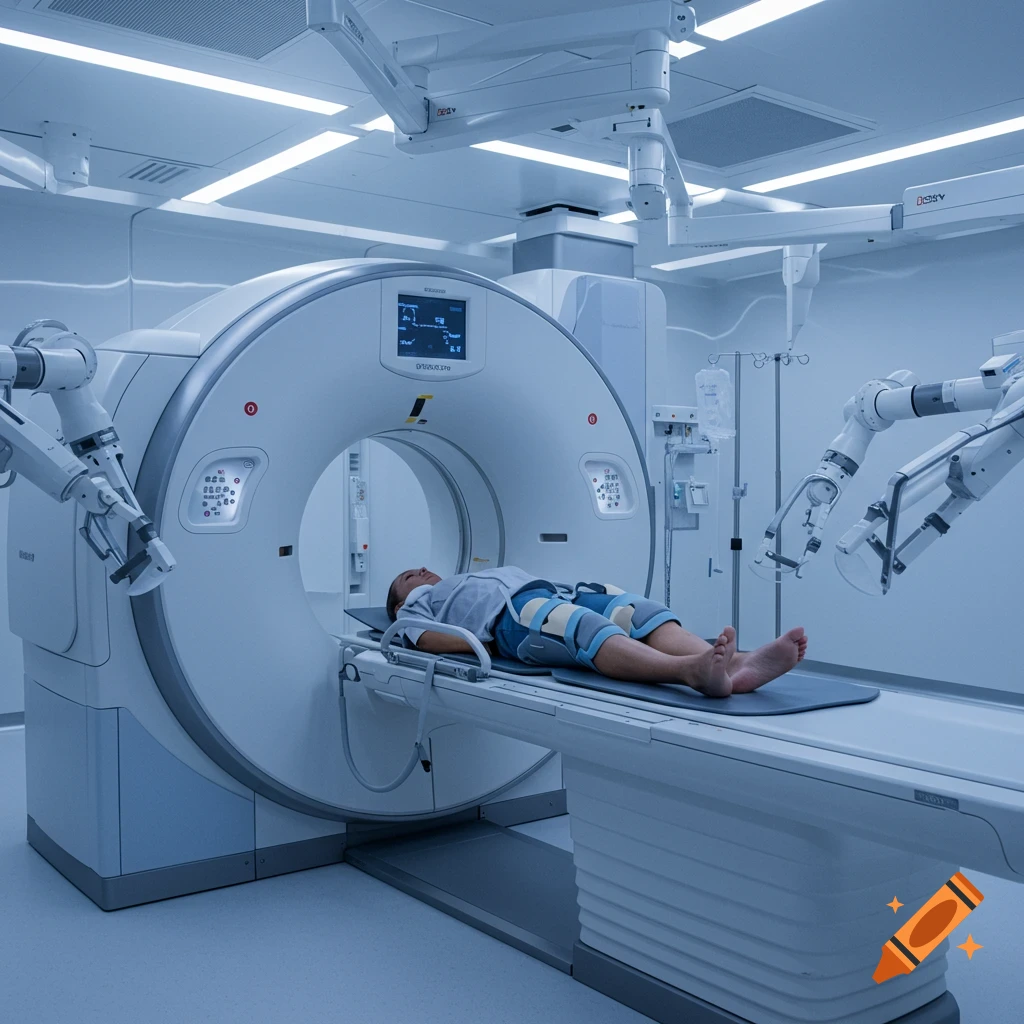 A patient lies on a table, entering a CT scanner, while robotic arms are positioned nearby in a brightly lit, futuristic medical room.