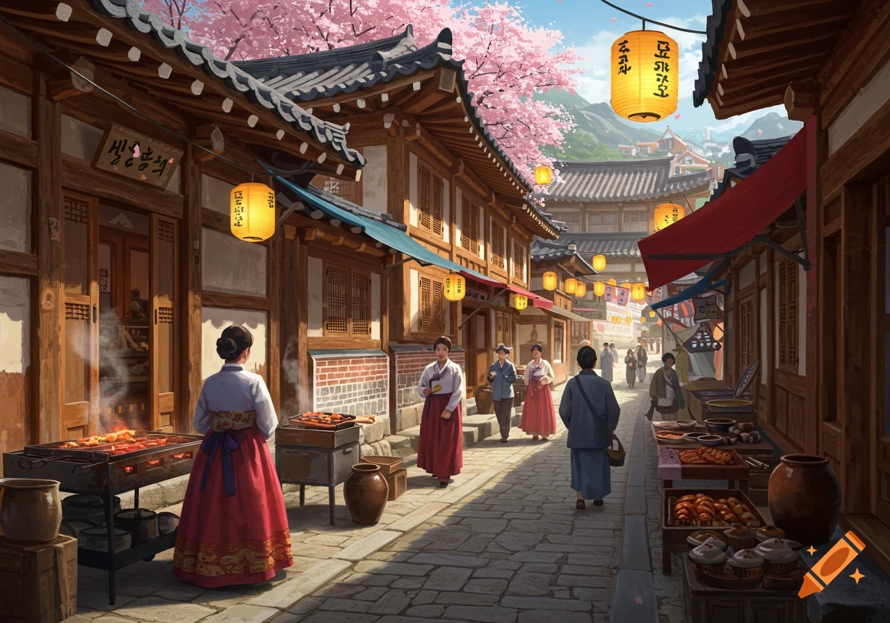 A bustling traditional Korean market street scene, with people in hanbok, food stalls, and cherry blossoms overhead.