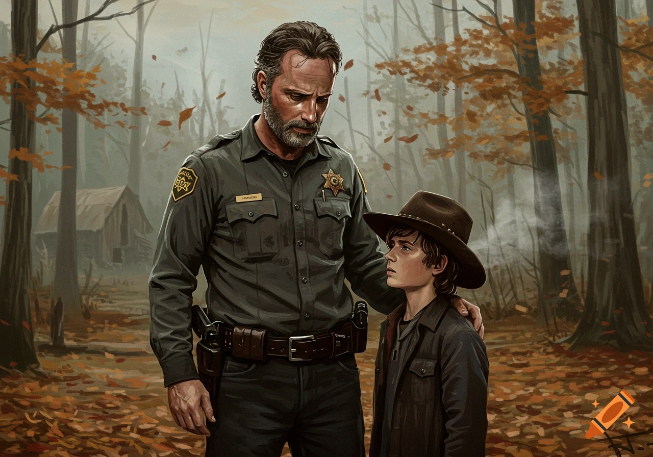An illustration of Rick Grimes in a sheriff's uniform with a boy wearing a hat, Carl, in an autumn forest.