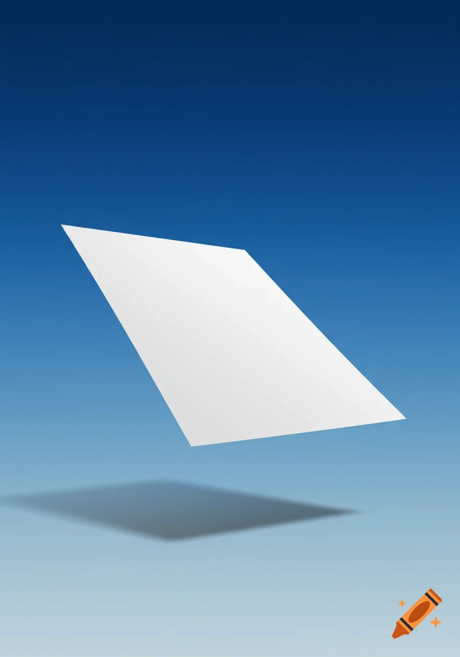 A blank white sheet of paper floats diagonally against a clear blue sky, casting a shadow below it.