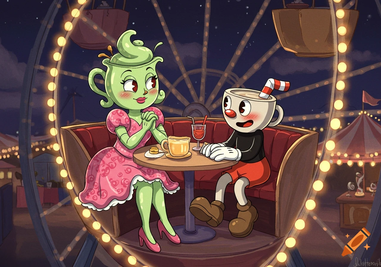 Cuphead and a green tea girl character on a date in a Ferris wheel carriage at night, looking shyly at each other.