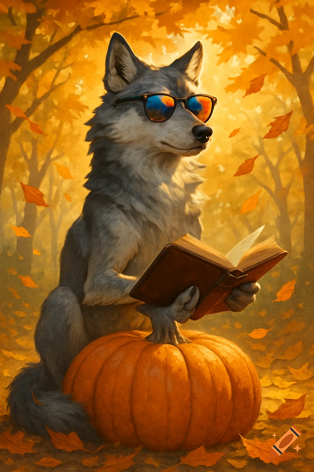 A stylish wolf in sunglasses reads a book while sitting on a pumpkin amidst fall leaves in an autumn forest illustration.