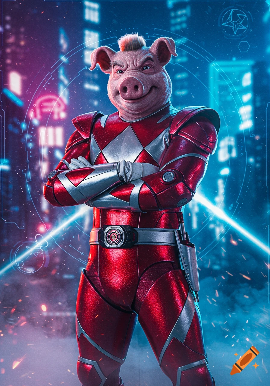 A photorealistic pig-headed character in a red Power Ranger suit with crossed arms stands against a glowing cyberpunk city background.
